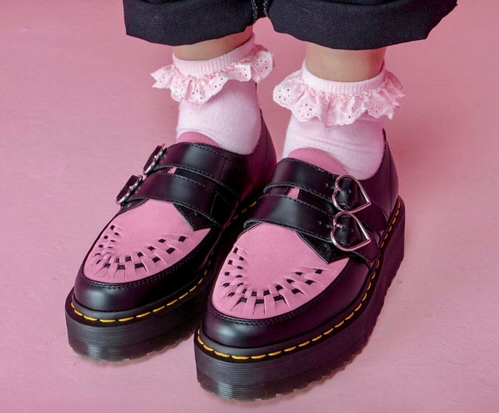 Dr. Martens  Lazy Oaf Platform Pink Black Buckle Creeper collab Leather SZ 6/7